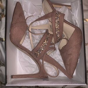 Cream suede heel with crystal embellishments